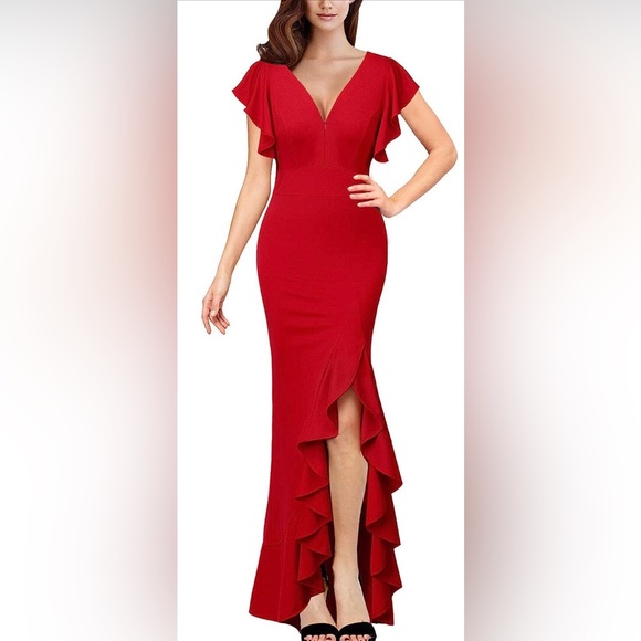 SHEIN Dresses & Skirts - Women’s ruffles ruched frill short sleeve formal slit v neck red party maxi NWOT